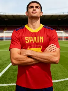 2026 Football World Cup Spain National Team Fan Soccer T-Shirt, Short Sleeve Printed Sport Casual Top, Men's Fashion Tee