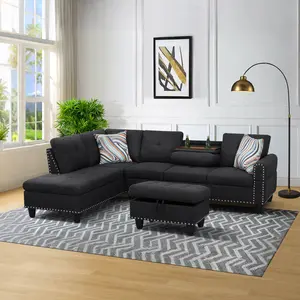 3-Piece Black Grey Linen Sofa Set, Modern Upholstered Couch, Breathable Linen, Thick Seat Cushions, Living Room Furniture for Apartment Small Space