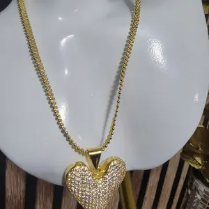 Gold-Tone Heart Pendant Chain Jewelry Necklace - Delicate Beaded Link Chain, Stone-Encrusted Sparkling Centerpiece, Long Costume Jewelry for Elegant Daily Looks, Chain Jewelry Necklaces