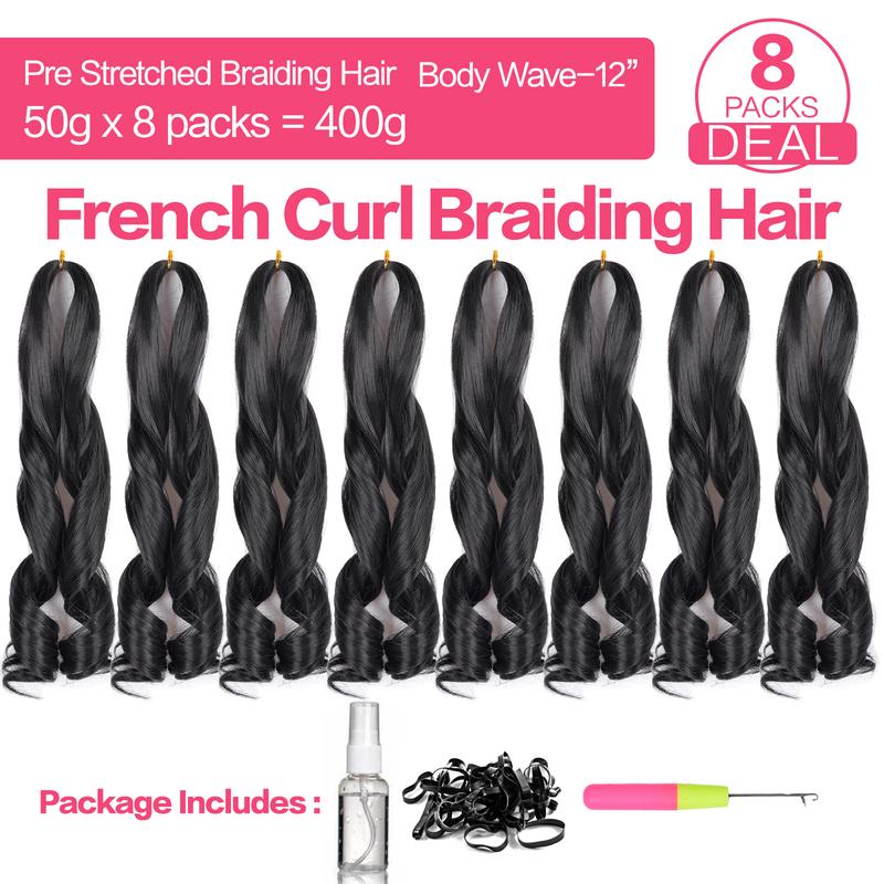 French Curl Braiding Hair 12 Inch 8 Packs Natural Black Curly Braiding Hair Pre Stretched 50g/pack Loose Wavy Crochet Hair Synthetic Hair Extensions for Black Women (12 inch,8 packs, 1B)