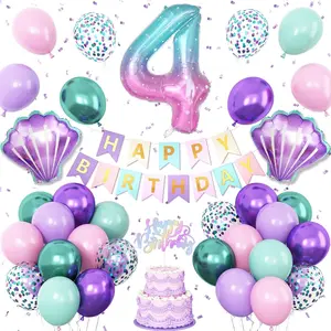 Mermaid 4th Birthday Balloon Set Pink Purple Green Number 4 Seashell Party Decor Kit for Girls