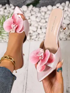 Elegant Satin Floral High Heel Sandals for Women, Summer Outdoor Pointed Toe Slip-Ons, Chic Formal Evening Party Shoes, Graceful Noble Design Footwear, Heeled Slide Sandals