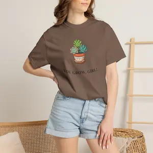 Men's Relaxed Fit Menswear Casual Cotton Tee - Round Neck, Short-Sleeve, Cute Plant Mom Design, You Grow Girl Slogan, Funny Succulent Themed, Best Friend Gift