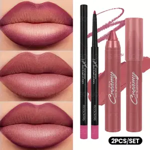2PCS/Set Matte Velvet Lipstick Lipliner Pen-Long-lasting Waterproof High-saturation Non-sticky Formula, Deep Berry Tones, Pink Tones, Create An Everyday Makeup Look Lip Liner Kit
