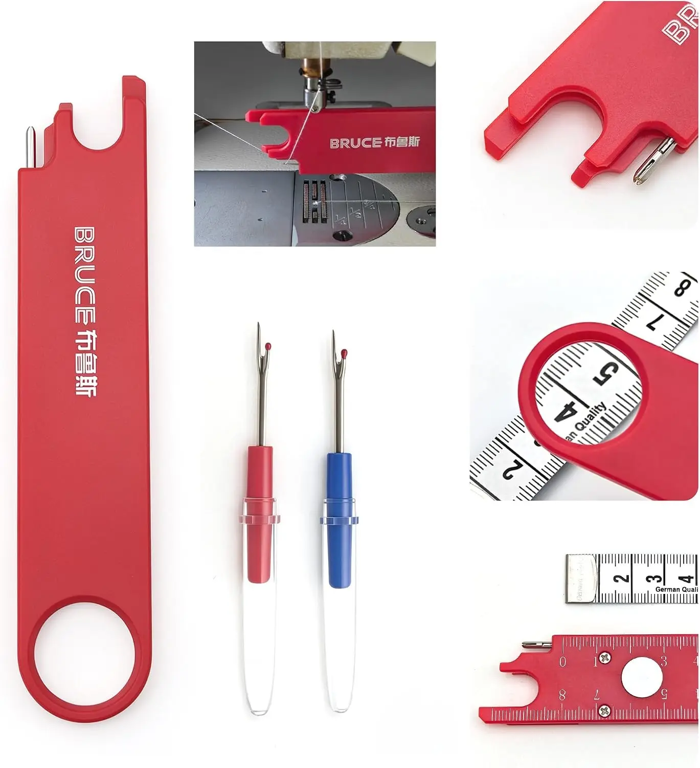 Sewing Machine Automatic Needle Threader with 2 Seam Rippers | Ruler Scale & Magnifying Glass 4-in-1 Sewing Threader Tool Essential Gadget for Sewing Enthusiasts