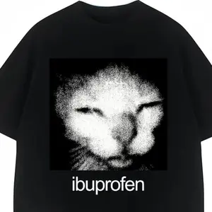 Black Plus Size "Ibuprofen" Meme Cat Face Graphic Cotton T-Shirt, Casual Loose Crew Neck Tee Ideal Holiday Gift