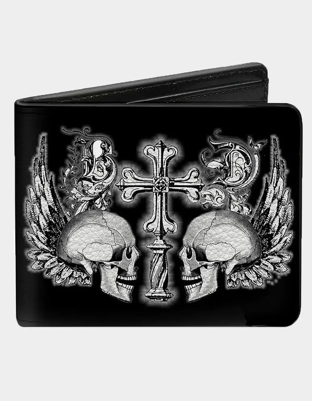 BUCKLE-DOWN  Mens Skulls Wings Bifold Wallet, Black Combo