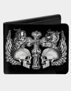 BUCKLE-DOWN  Mens Skulls Wings Bifold Wallet, Black Combo
