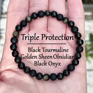 Triple Protection Bracelet Black Tourmaline Golden Sheen Obsidian Healing Crystal Bead Gorgeous Beads Stone Gemstone Jewelry Energy Healing Love Girlfriend Boyfriend Souvenir Valentine Father Mother Anniversary New Year Christmas Halloween Birthday Gift