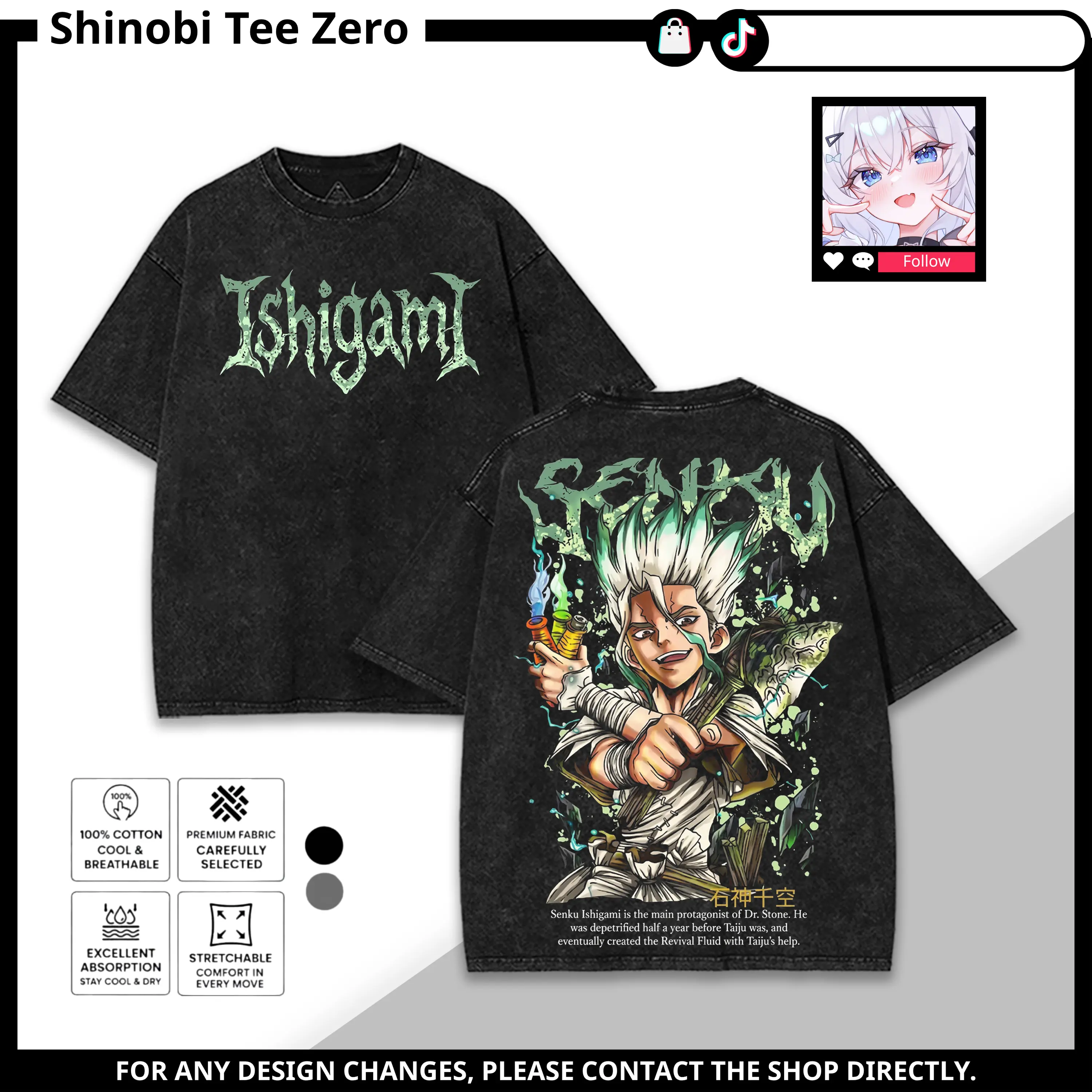 Senku Ishigami Dr. Stone Anime Graphic Tee Tank Top Sweatshirt Hoodie Vintage Washed Double Printed Heavyweight Cotton Oversized Unisex Streetwear Shirt Gift for Anime Fans
