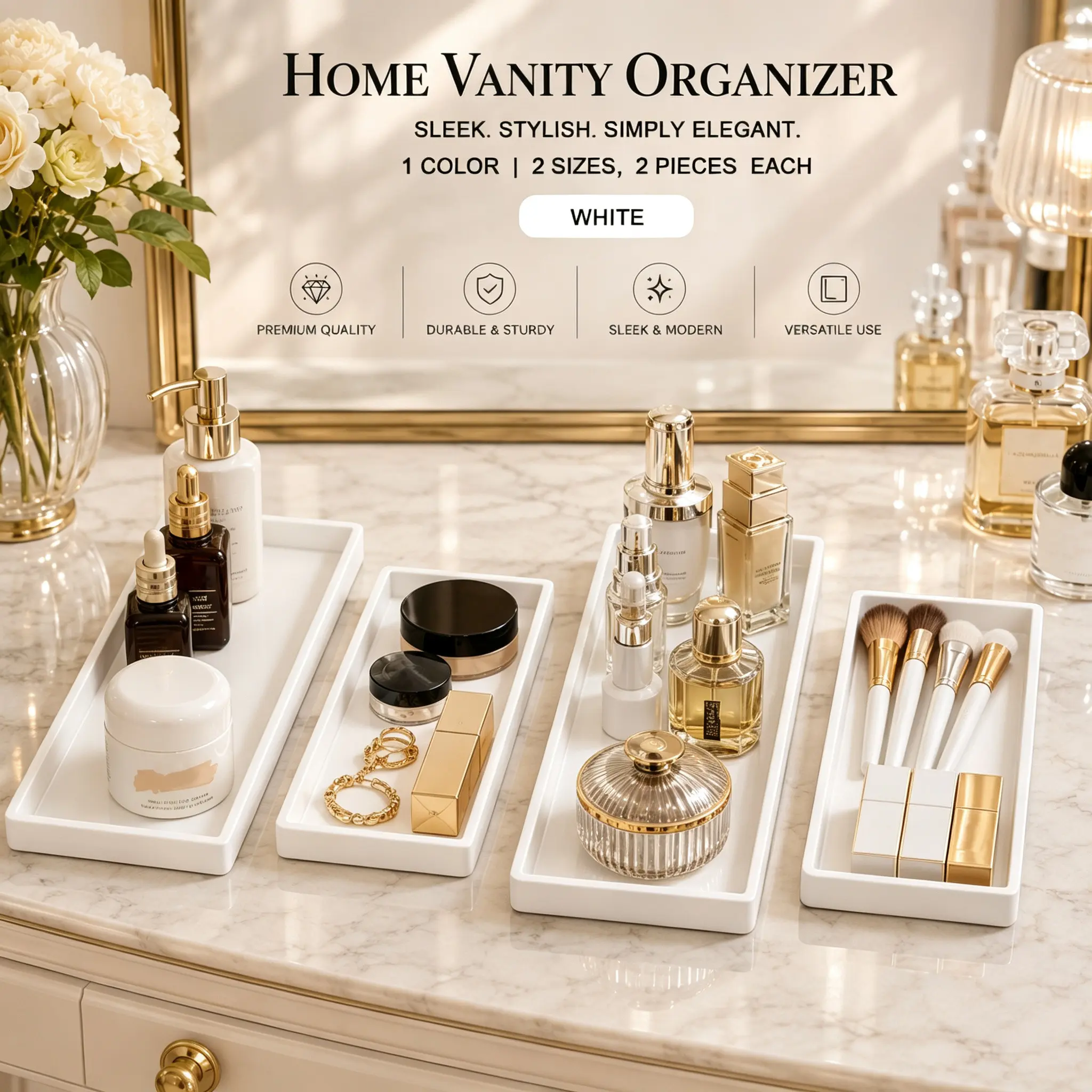 4-Piece White Melamine Rectangular Organizer Tray Set, 2 Large & 2 Small Trays (8.7" & 13"), Minimalist Vanity Bathroom Office Desk Jewelry Cosmetic Snack Serving Trays, Multipurpose Home Storage Display