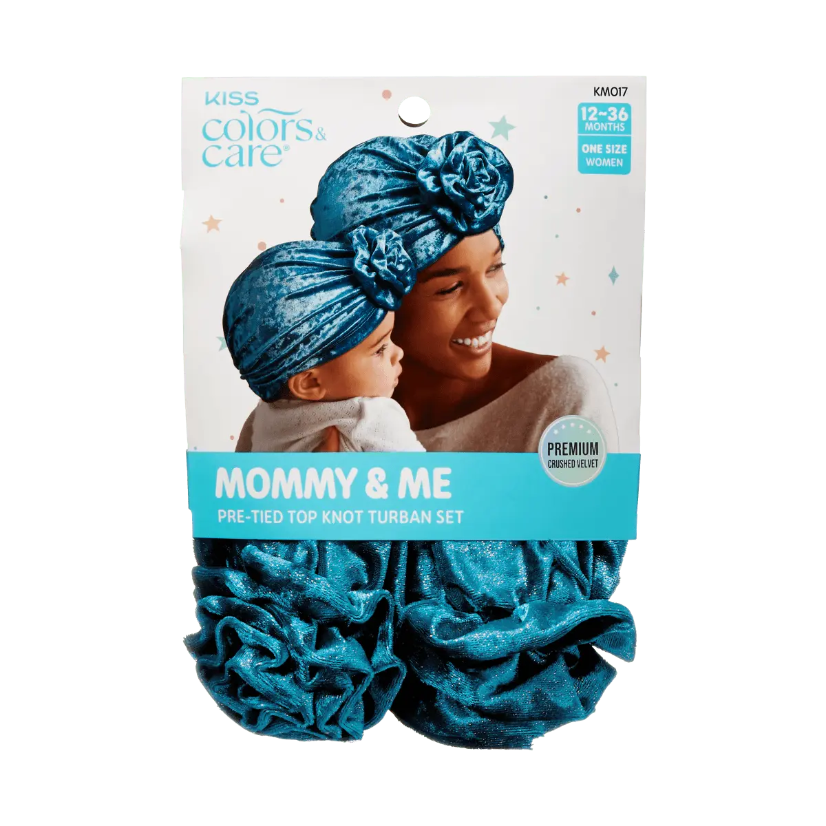 Kiss Colors & Care Mommy & Me Pre-Tied Top Knot Turban Set - Blue | Mom & Toddler, Velvet, Hair Turban, 2 pc, Hair Accessories