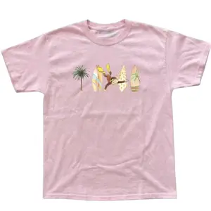 Vintage Curious George Beach Surf Graphic Pink Tee Cute Y2K Summer Cartoon T-Shirt