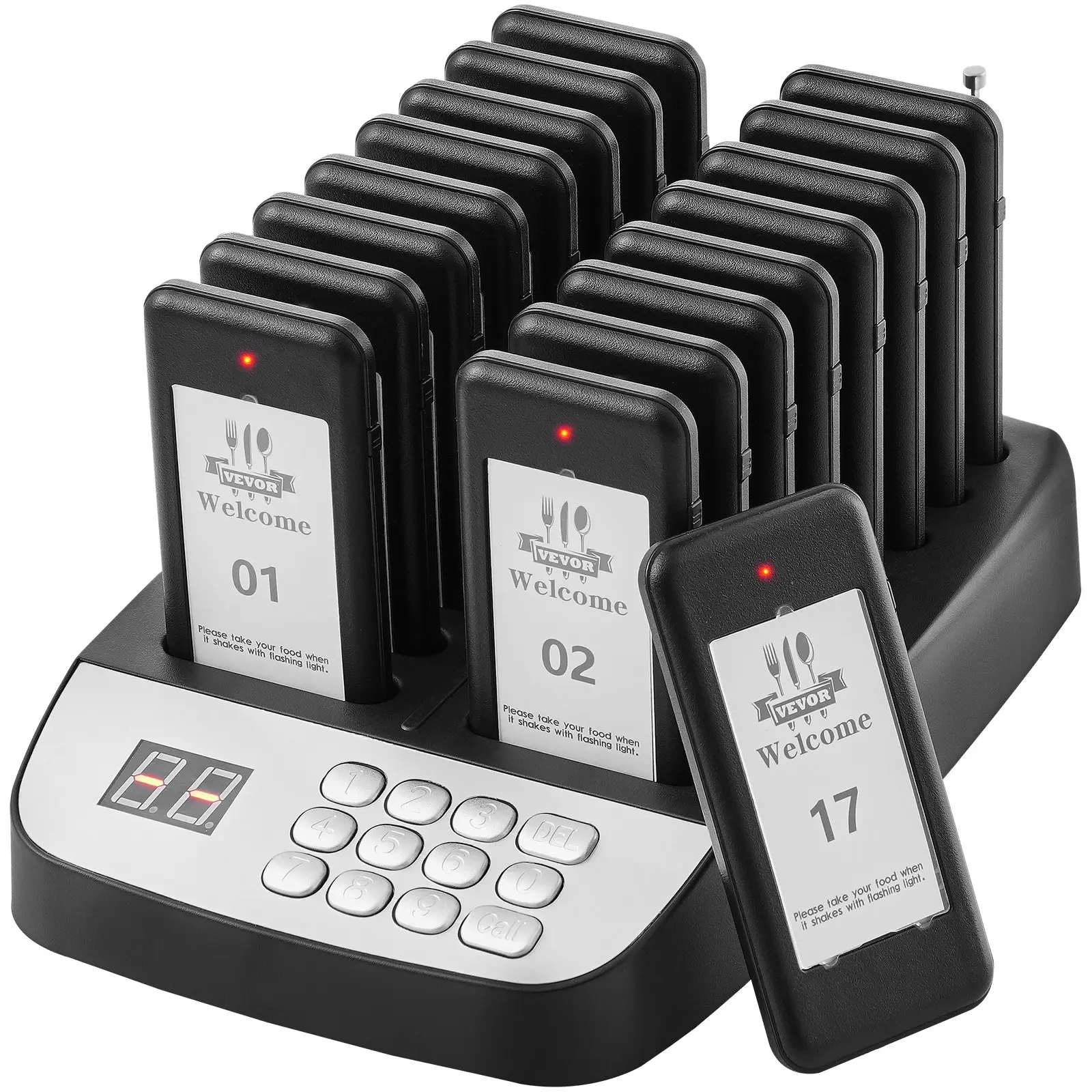 VEVOR Wireless Restaurant Pager System, 500m Long Range, 16 Buzzers with Beep-Vibration-Flashing Alerts, 98-Channel Mechanical Keyboard Transmitter, 250mAh, Extension, for Hospital, Food Truck, DIY Advertisement Slogan Paper Slot Use, 16 Pagers, 16 Buzzer