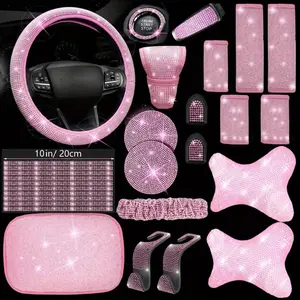 Bling Pink Car Set for Women 29pcs Glamorous Rhinestone Interior Accessories 15 Inch Steering Wheel Covers Headrests Mirror Protectors Armrest Pads Decorative Accents Universal Fit