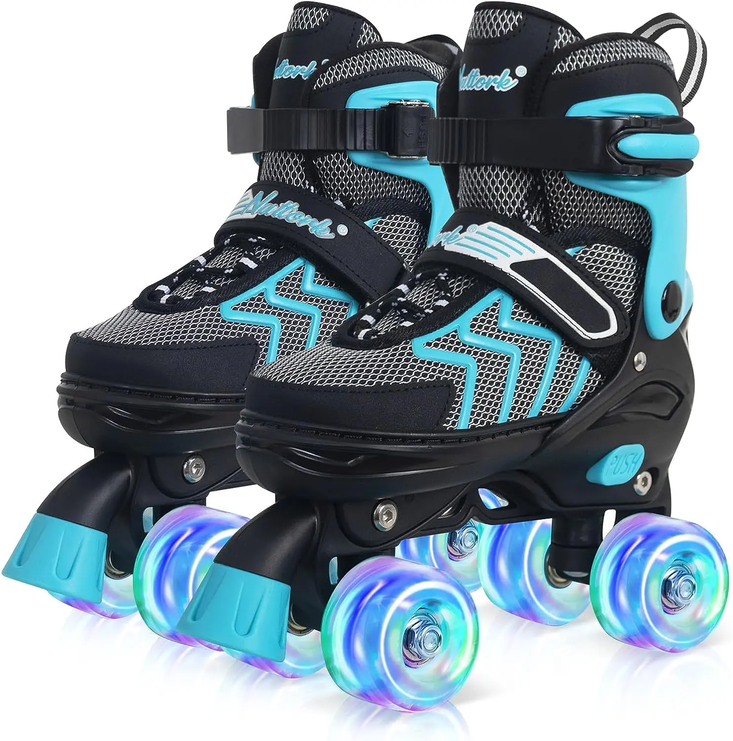 Nattork Kids' Teal High-Top Roller Skates, 4-Size Adjustable with 8 Light-Up PU Wheels, Breathable Mesh & ABEC-7 Bearings for Indoor & Outdoor Skating, Outdoors, Adjustable Sizes, Extra Toe Protection, High-Top Support, Indoors, Laces, High-Resilience Pu