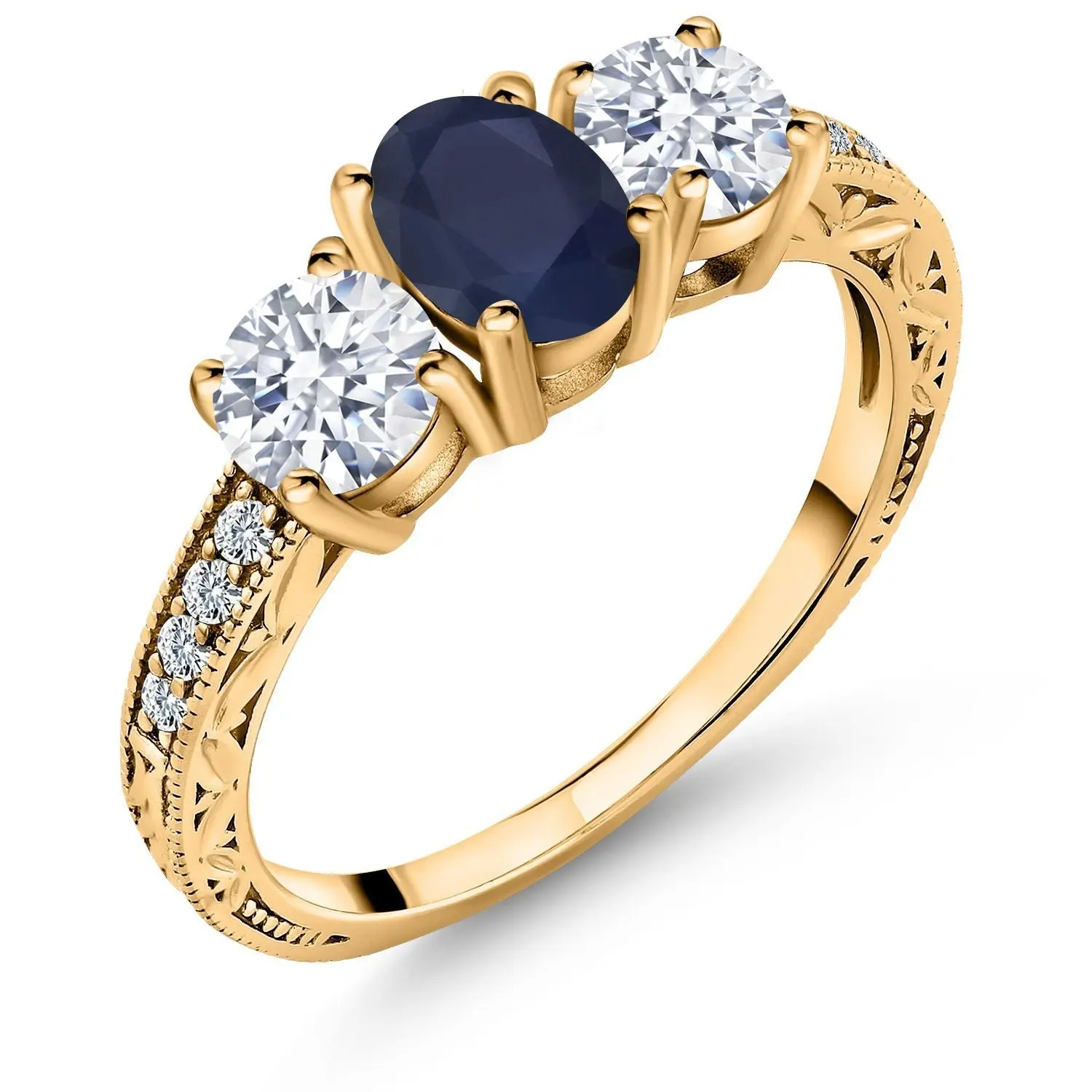 Gem Stone King Women's 18 Karat Yellow Gold Plated Silver Cubic Zirconia Birthstone 3-Stone Engagement Ring Band, Oval 7X5MM & Round 5MM, Filigree & Milgrain Detail, Wedding Anniversary Promise Ring, Size 5-9