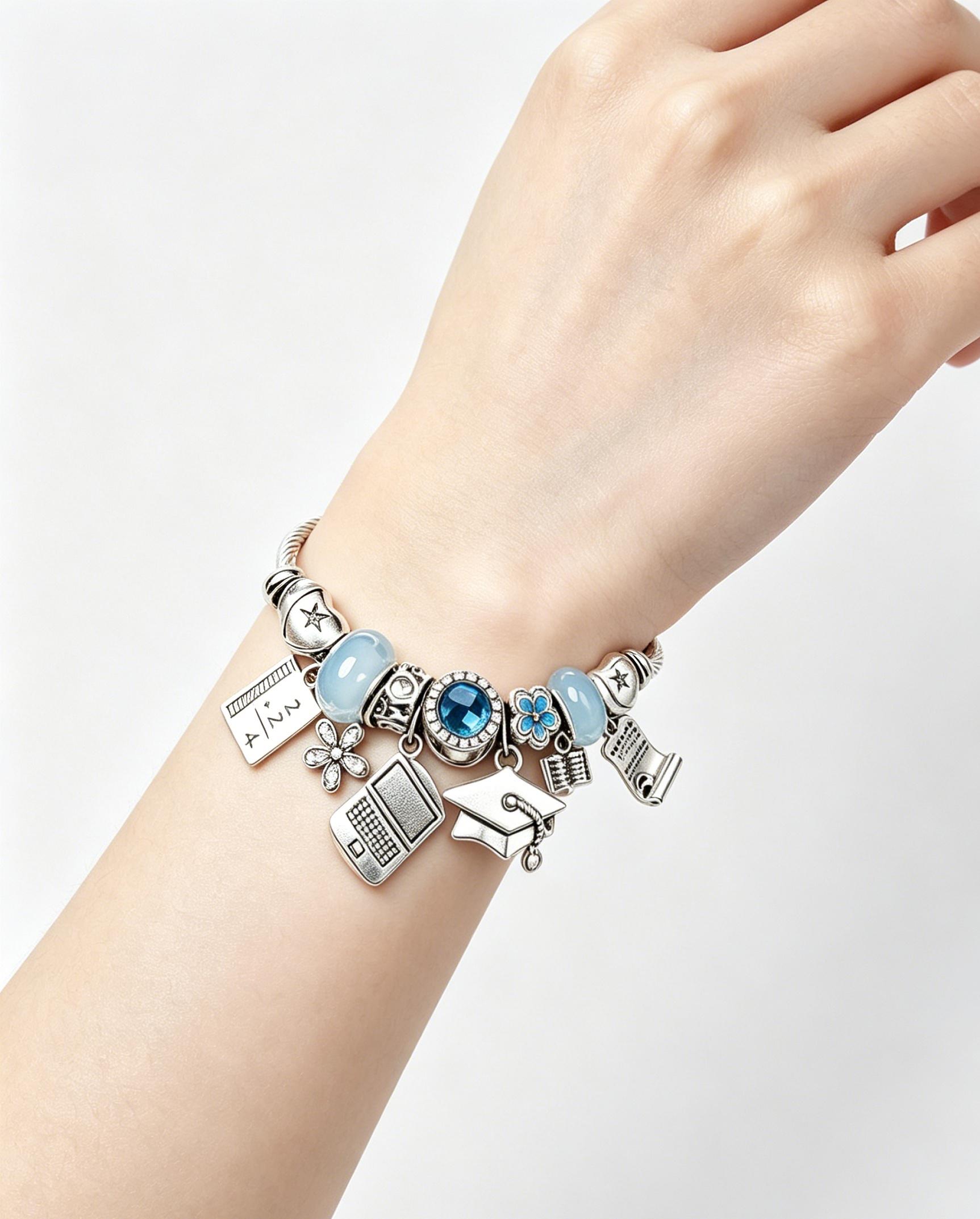 Graduation Commemorative Charm Bracelet | Twisted Rope Silver Bangle with Cap/Laptop/Book Charms (Blue/Purple Options)