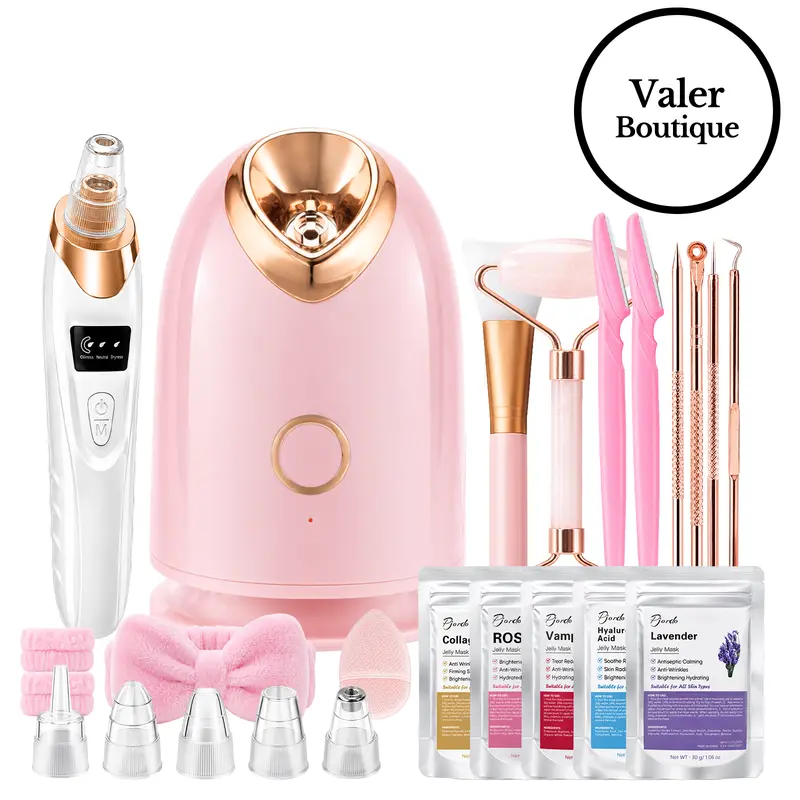 Pjordo 7-in-1 Nano Ionic Facial Steamer and Spa Kit for Deep Cleansing with Blackhead Remover Pore Brush in Pink Professional Home Use facial kit for girls  for her, Mother's Day's prefect gift