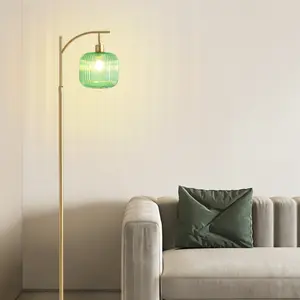 Glass Floor Lamp for Living Room, Modern Standing Lamp with Ribbed Glass Lampshade Pedal Switch, Height Adjustable Tall Lamp for Bedroom Study Room, Brushed Gold
