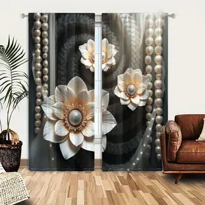 2pcs Window Curtains, Elegant cream flowers with glittery centers and small jewels are set against a dark, coiled backdrop, flanked by draped pearls and sheer, lighted fabric.Window Drapes for Bedroom Living Room, Rod Pocket Window Treatment