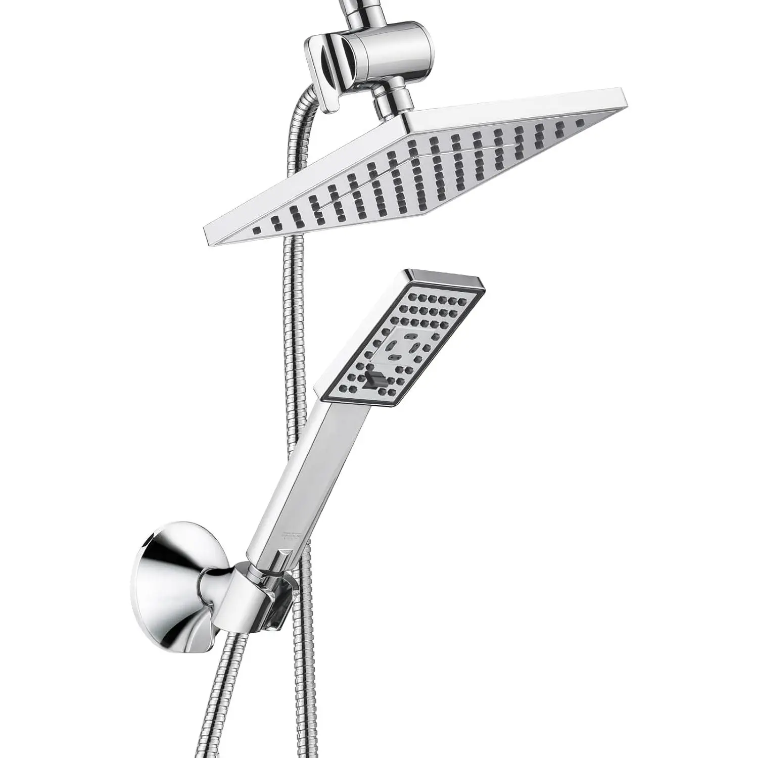 Chrome Dual Shower Head Combo with 8-Inch Square Overhead Rain Shower, Handheld Spray, 60" Hose, 3-Way Diverter, Wall Mount Bracket, Wall Mount Design for Bathroom Upgrade (Synthetic Components), Drill-Free Installation, 4 Spray Settings, 81 Precision Noz