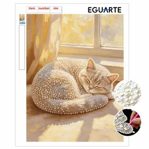Sleeping Cat Theme DIY Art Pearl Painting, Home Decor Wall Hanging, Mosaic Art, Cross Stitch Kit, Pearl Puzzle Gift, Memorial Gift for Friends