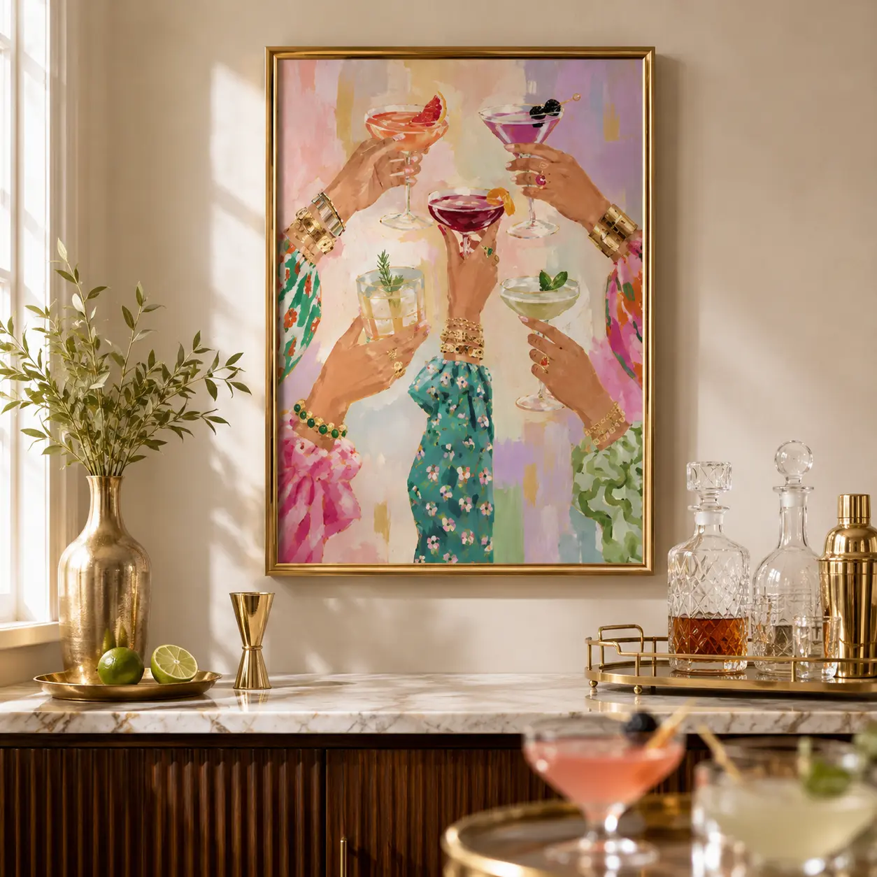 Colorful Paper Cocktail Cheers Poster, Girls Night Wall Art, Eclectic Drink Print, Maximalist Bar Cart Decor, Friendship Artwork