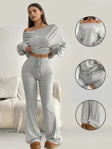One Shoulder Long Sleeve Loose Crop Top and High Waist Drawstring Skinny Vintage Bell Bottoms, Yoga Fitness Exercise, Sweatsuit Set, Athleisure Wear Set, Fall Winter Casual Style