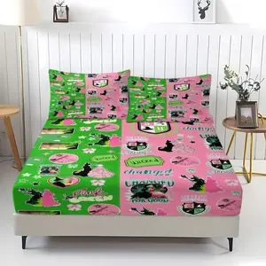 3-Piece Set Of "Wicked Witch" Pink Green Collage Themed Bed Sheets (Including 1 Bed Sheet And 2 Pillowcases), Exclusive Bedding For Broadway Fans, Perfect For Bedroom Decoration For Fans And Teenagers