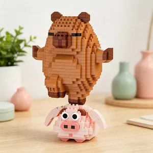 Capybara Micro Building Blocks Balancing on Pink Pig Funny Animal 3D Bricks Toy, High Difficulty Miniature Construction Set Whimsical Desk Decor Therapeutic Gag Birthday Gift for Teens Adults
