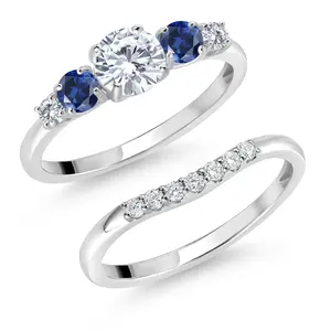 Gem Stone King 10K White Gold Lab Grown Diamond and Blue Created Sapphire 5-Stone Bridal Engagement Wedding Ring Set For Women | 0.89 Cttw | Round: 5MM and 3MM | Available In Size 5, 6, 7, 8, 9