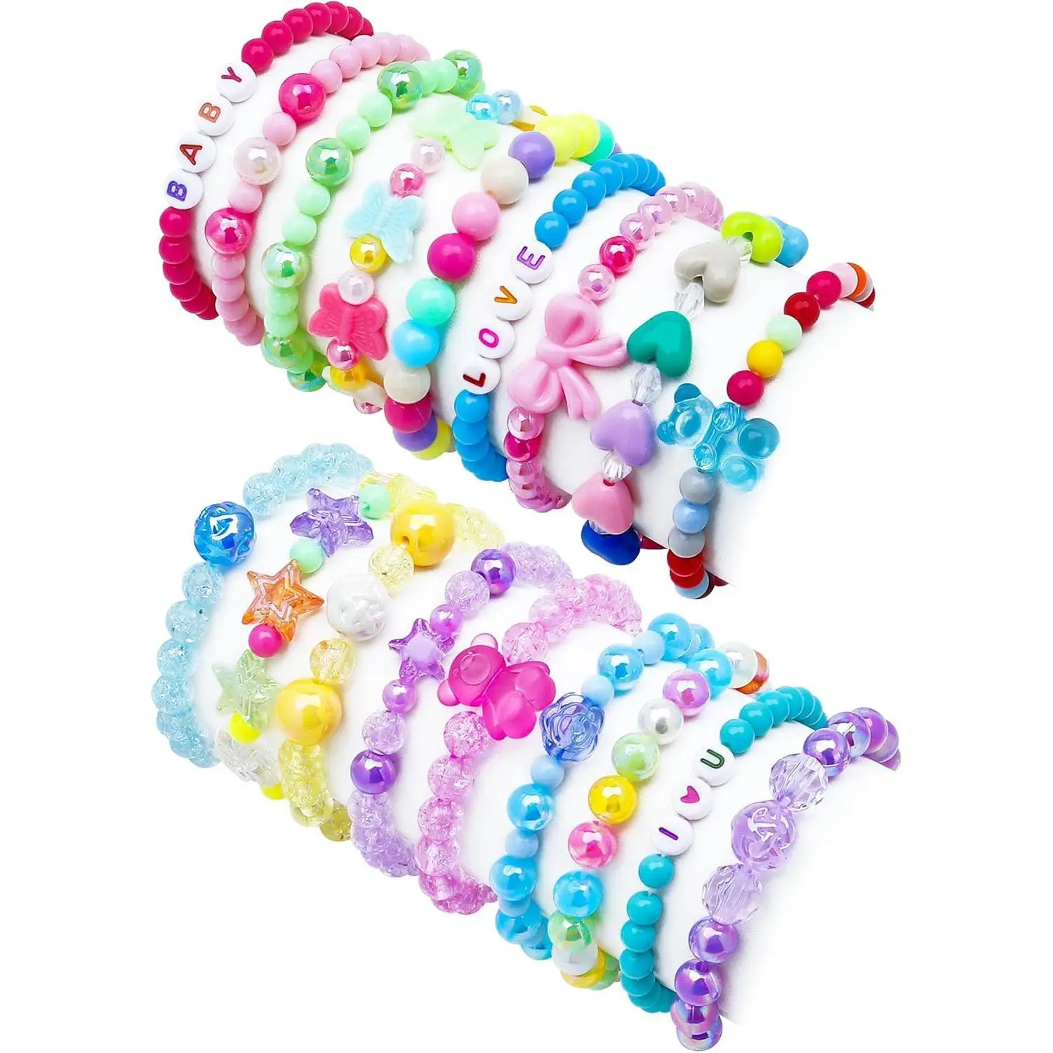 KF5-HBL02   18 Pcs Kids Bracelets for Girls Cute Beaded Bracelets Little Girls Jewelry Letter Flower Star Pink Toddler Bracelets Set Gift