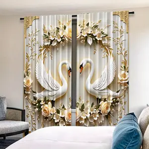 Elegant Floral Swan Print Curtains Set, 2pcs Snowflake Pattern Home Decoration Curtain, Ideal for Living Room Balcony Bedroom Windows