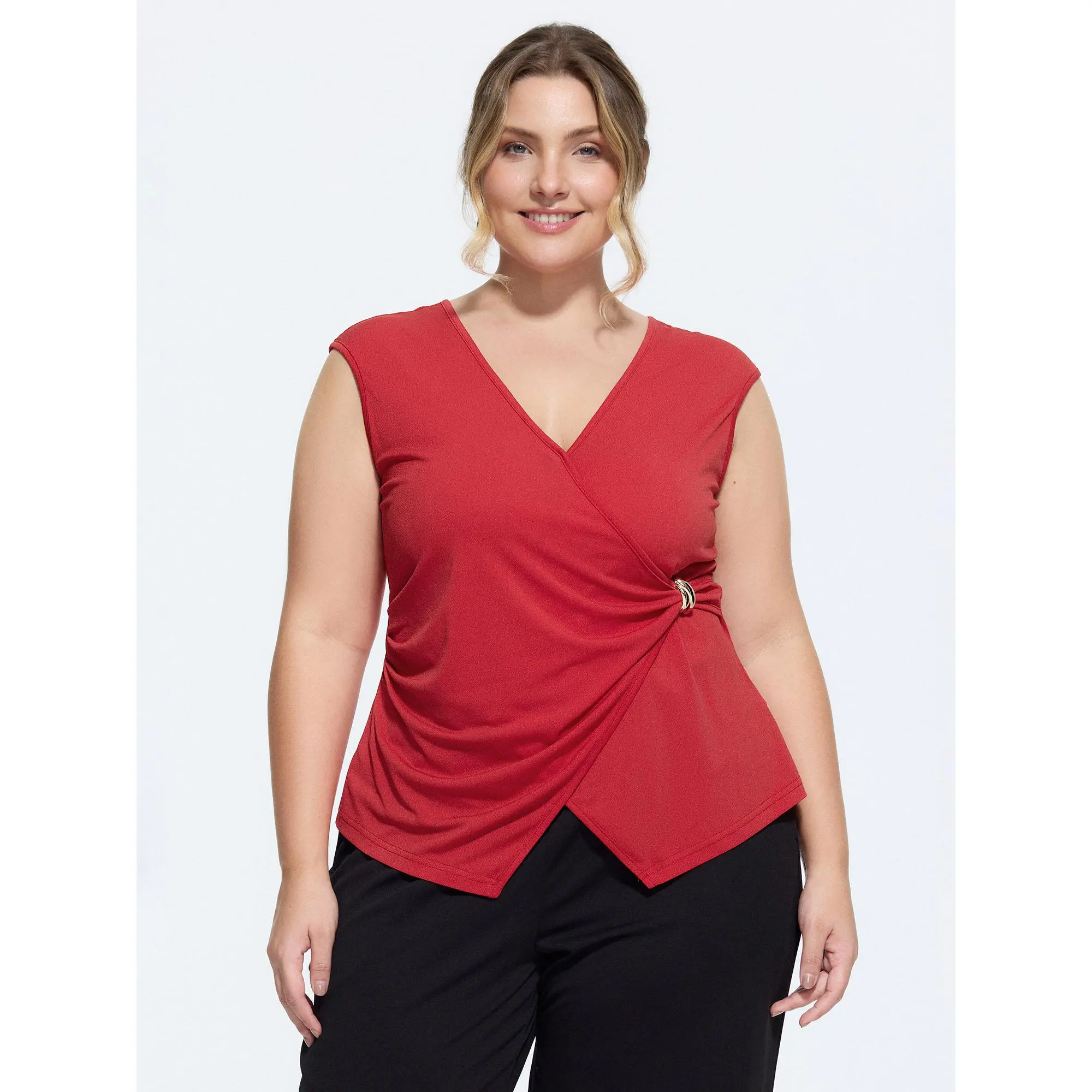 BloomChic Plus Size Wrap Blouse with Adjustable Side Buckle, Smooth Stretch Draped Top with a Customized Waist-Defining Fit, Women, Style, Casual, Everyday, Shirts, Plus Size Clothes