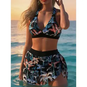 Plus Size Tummy Control Swimsuit 3 Piece Set, Tropical Print Halter Bikini with Cover Up Mesh Skirt, Postpartum Friendly Bathing Suit