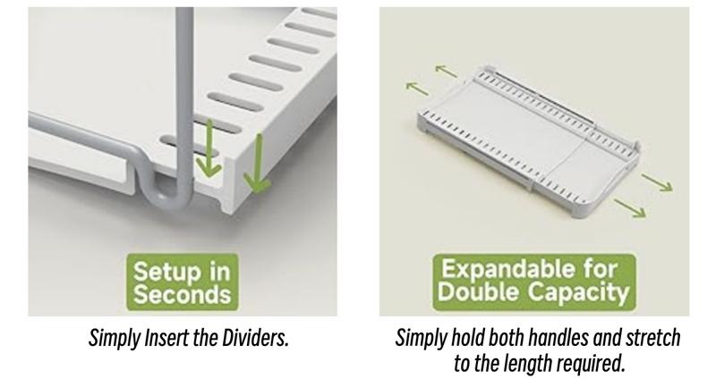 EVERIE Adjustable Pot & Pan Lids Bakeware Organizer Holder Rack,10 Adjustable Dividers Compartments 7.7'' Deep by 12.6'' to 21.5'' Wide Cabinet Countertop Kitchen Organization Storage(White&Grey)GS02SS