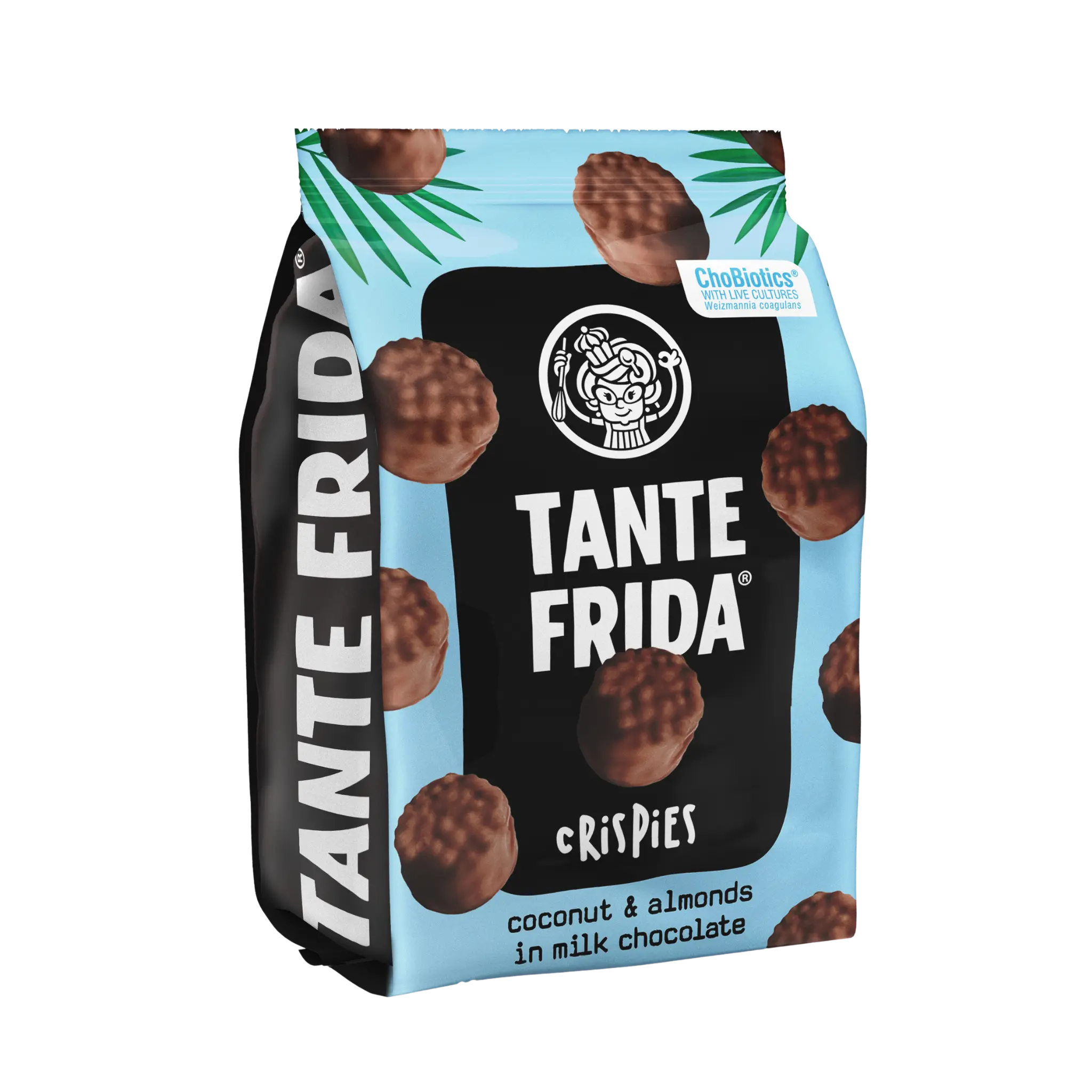 Tante Frida Crispies Coconut & Almonds in Milk Chocolate Snack Biscuit Gourmet Rice Crispies with Shredded Coconut 43% Milk Chocolate Perfect Snack