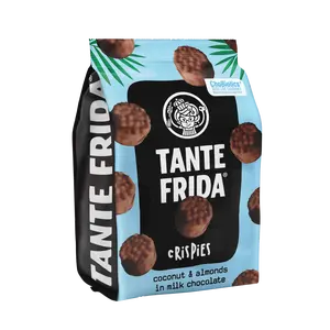 Tante Frida Crispies Coconut & Almonds in Milk Chocolate Snack Biscuit Gourmet Rice Crispies with Shredded Coconut 43% Milk Chocolate Perfect Snack