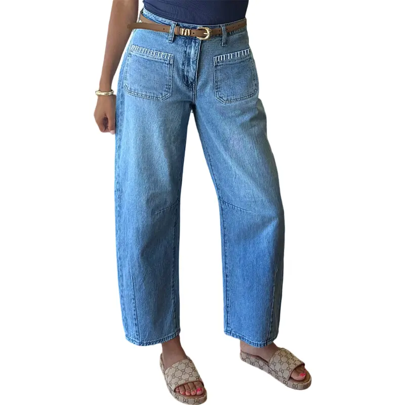 Flamingals Wash Contrast Stitch Patch Pocket Mid Rise Barrel Leg Jeans Womenswear Stretchy 26.4" Inseam