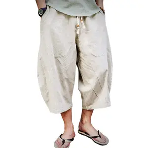 Mens Cotton Linen Capri Pants Light Loose 3/4 Long Shorts Elastic Waist Drawstring Harem Casual Beach Yoga TrousersGift