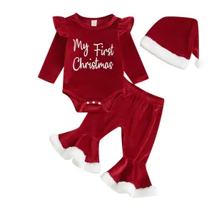 My First Christmas Baby Girl Outfit Newborn Fall Winter Plush Trim Romper Onesie Bodysuit Bell Bottoms Santa Hat 3pcs Sets