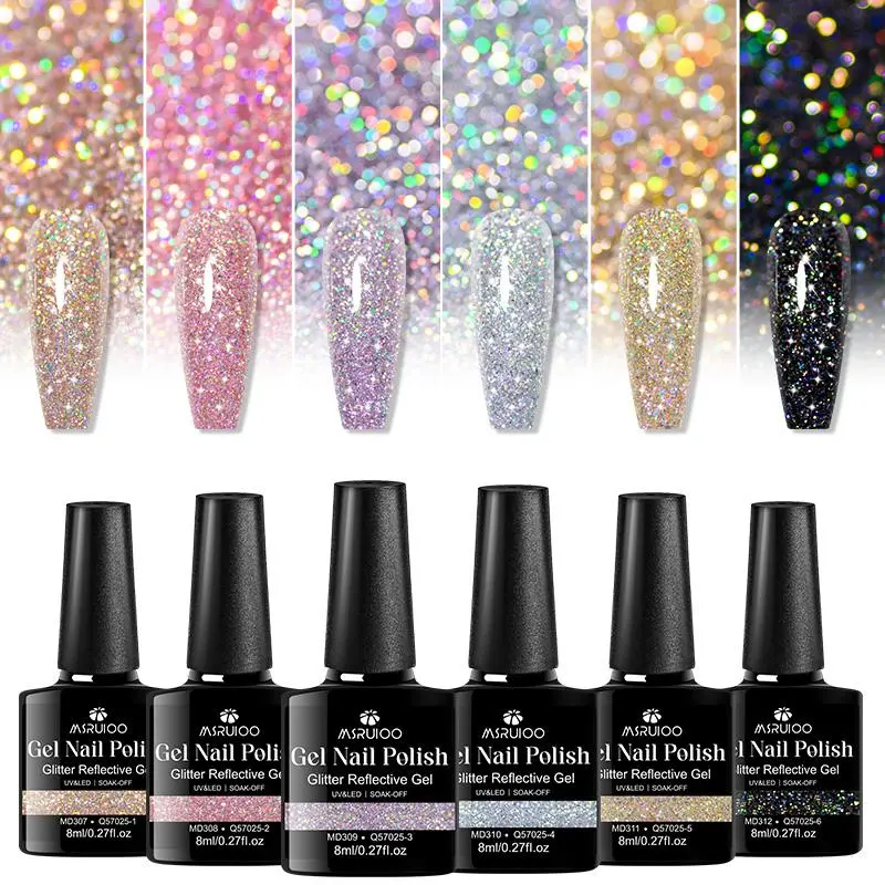 MSRUIOO 6pcs Glitter Nail Gel Polish Set, Liquid Polish, Soak Off Gel, Sparkling Colors, UV LED Compatible, 8ML Each Bottle, Long-lasting, Durable, Rich Color, Salon and DIY Nail Art Use, Women's Gift