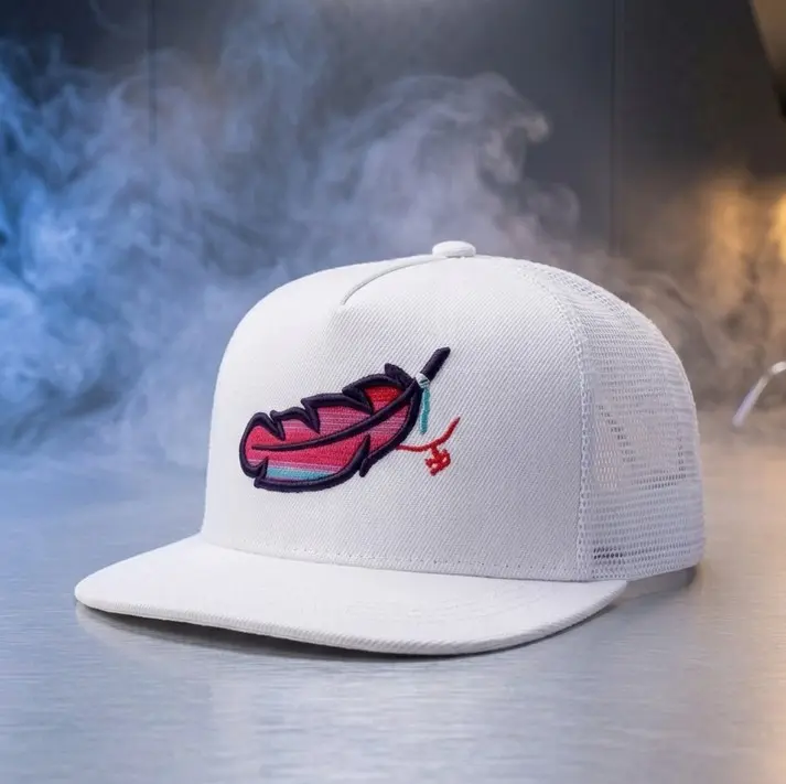 White Feather Trucker Hat Pink Blue Embroidered Mesh Snapback Cap for Men Women