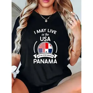 Women's "I May Live in USA But My Story Began in Panama" Flag Graphic T - Shirt, Panamanian American Heritage Casual Tee for Daily Wear & Cultural Festivals 100% Cotton T-shirt