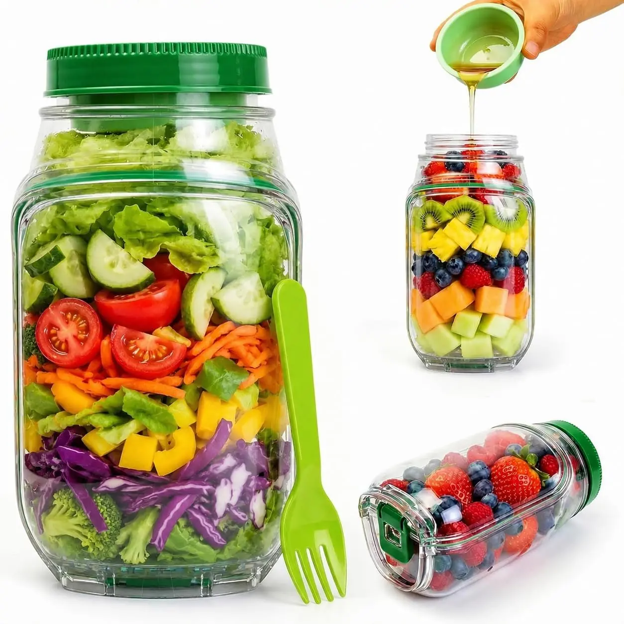 Plastic Reusable Kitchen Mason Jar - Side Opening, Double-Lock Leak-Proof Lid, Portable Preserving Container for Lunch, Daily Use (Single Jar)
