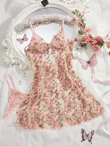 AgeRose Women's Deep V Neck Loungewear Set, Soft High Stretch Floral Embroidery, Loose Fit Sleepwear, Lightweight Breathable Fabric, All Seasons