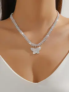 Women's Elegant Rhinestones Decor Butterfly Design Pendant Necklace, Exquisite Trendy Charm Necklace, Chic Jewelry As Gift for Girlfriend