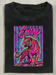 Vintage Black Wash Neon Art Tiger Easy Letter Cotton Tshirt | Unisex Y2K Top