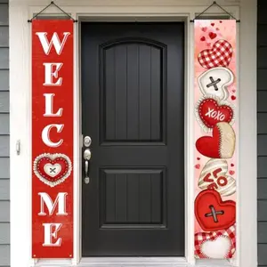 2D Flat Banner Couplets 1 Pair, Welcome Valentine's Day Porch Sign, Polyester Door Banners for Indoor Outdoor Decor, Heart Design